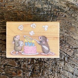 🎂Vintage🍿Poppin Good Birthday House Mouse Wood Block Rubber Stamp